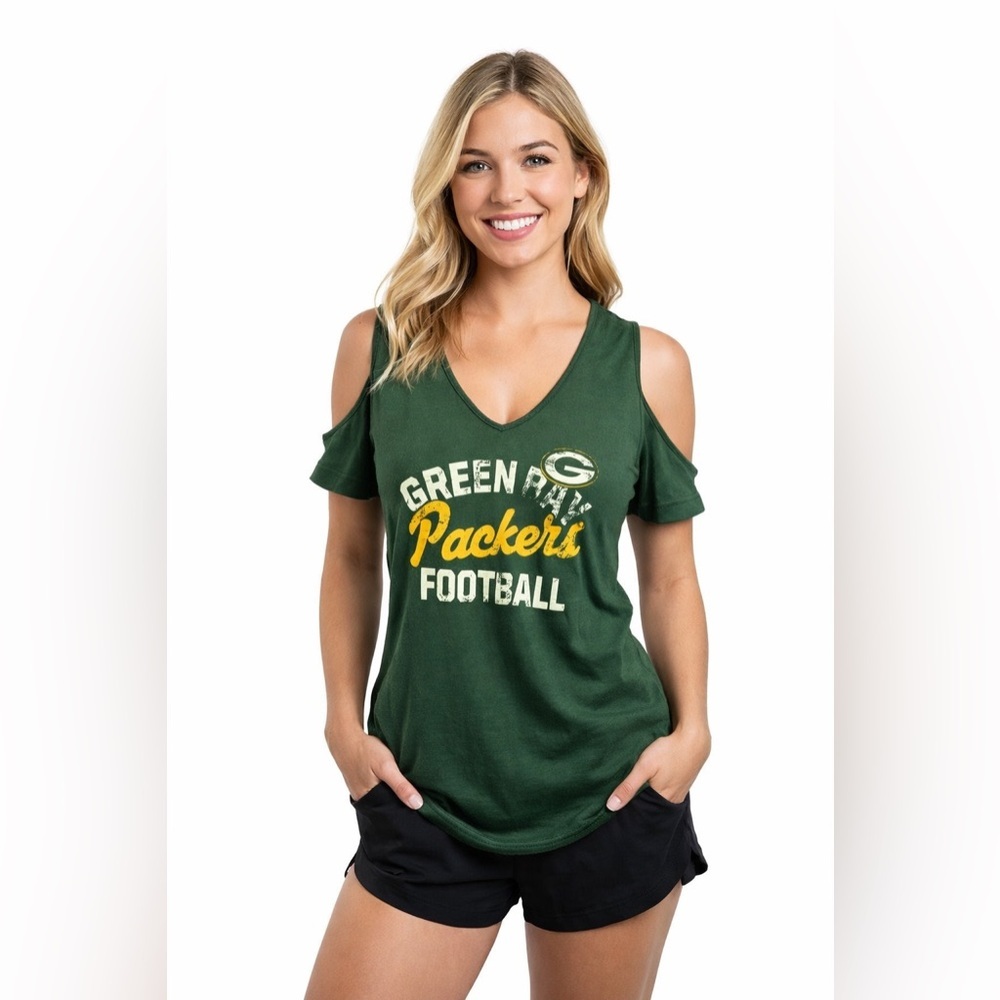 NFL team logo women’s peep shoulder Green Bay Packer T-shirt